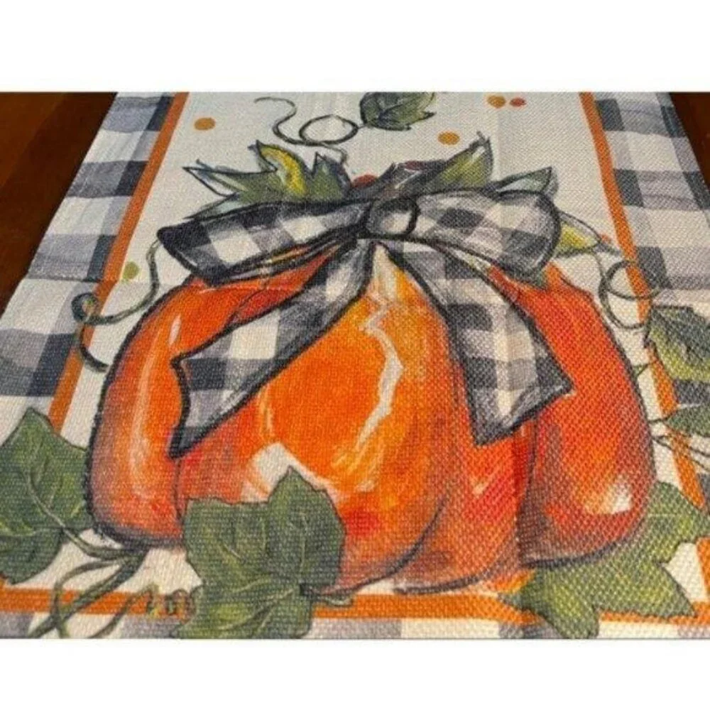 Pumpkin Table Runner Long Plaid Decorative Cloth Fall Thanksgiving Decor 13x120